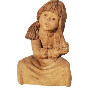 Lee Bortin 1970’s Clay sculpture Little Girl Brushing Hair 7.75" x 5.5" vintage
